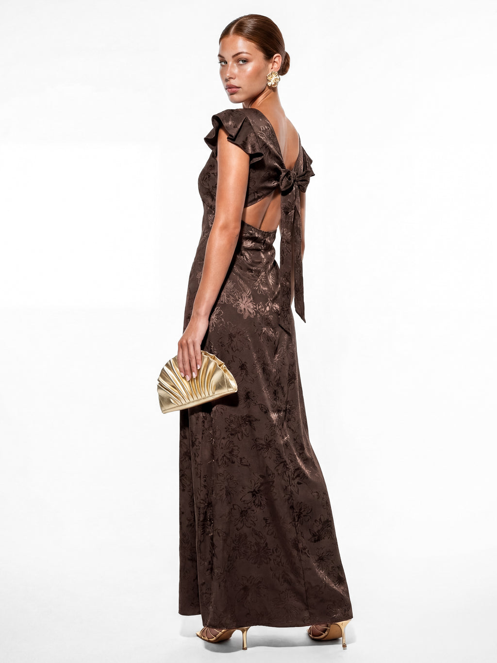 Maya Espresso Floral Jacquard Tie-Back Satin Maxi Dress
