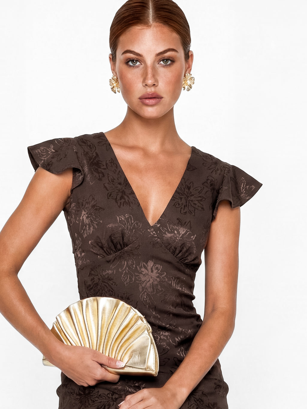 Maya Espresso Floral Jacquard Tie-Back Satin Maxi Dress