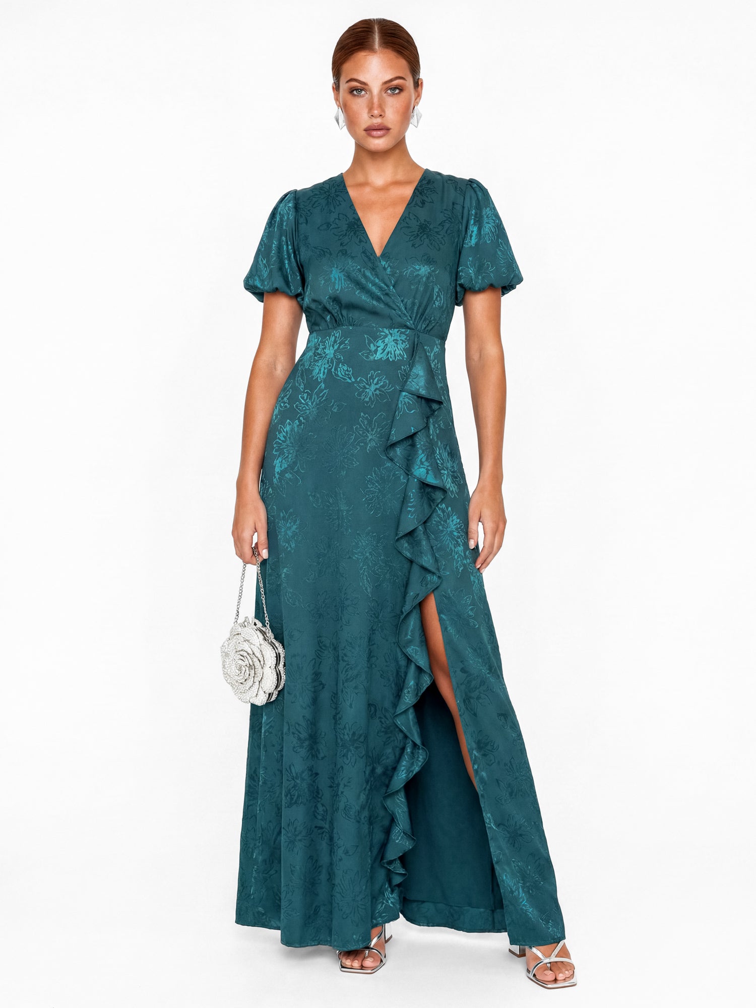 Maya Teal Floral Jacquard Faux Wrap Waterfall Ruffle Satin Maxi Dress