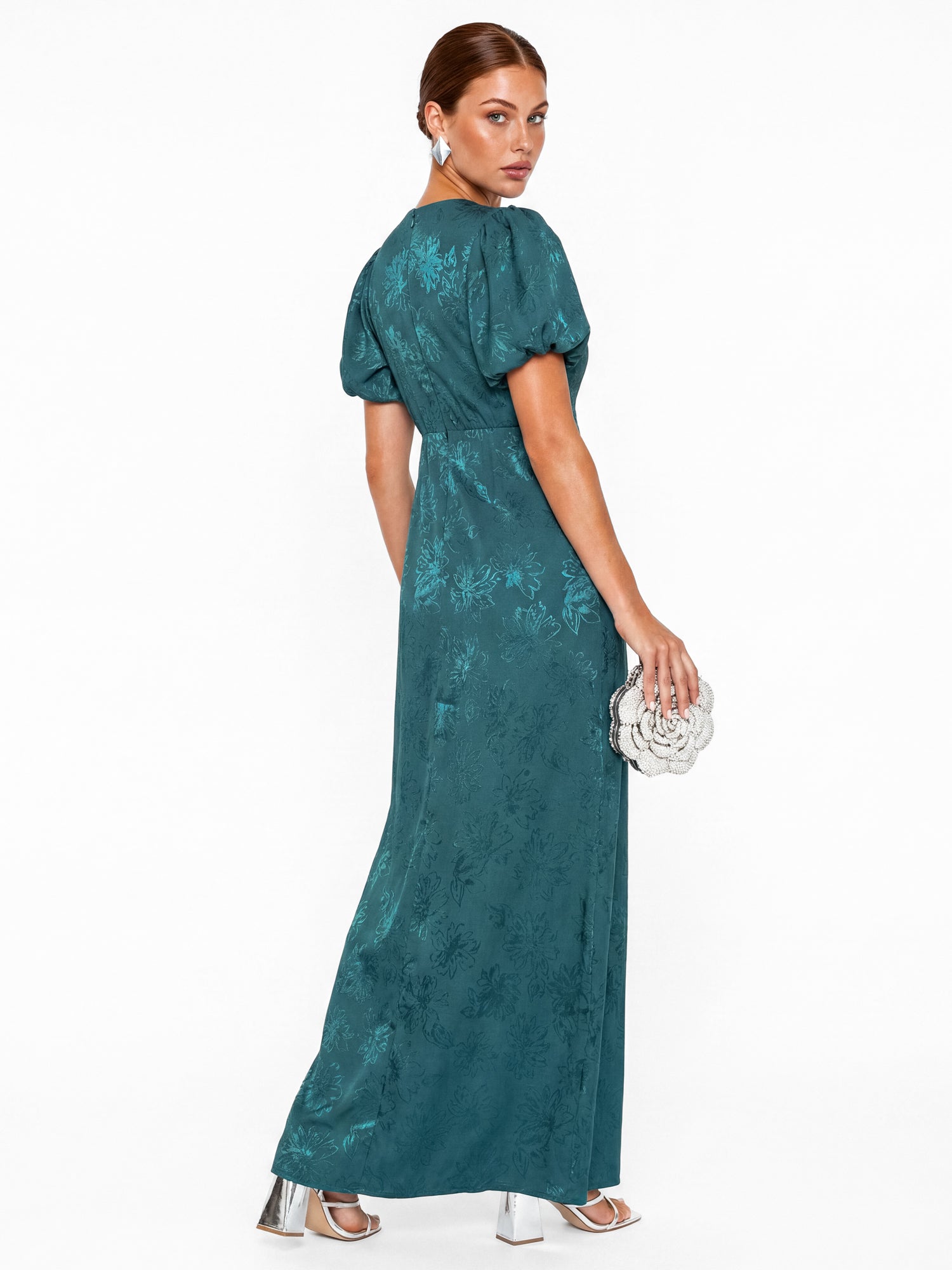 Maya Teal Floral Jacquard Faux Wrap Waterfall Ruffle Satin Maxi Dress