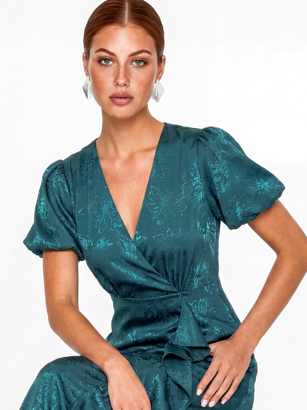 Maya Teal Floral Jacquard Faux Wrap Waterfall Ruffle Satin Maxi Dress