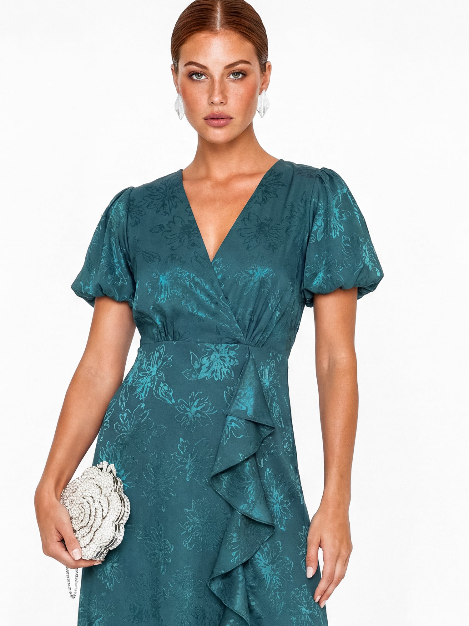 Maya Teal Floral Jacquard Faux Wrap Waterfall Ruffle Satin Maxi Dress