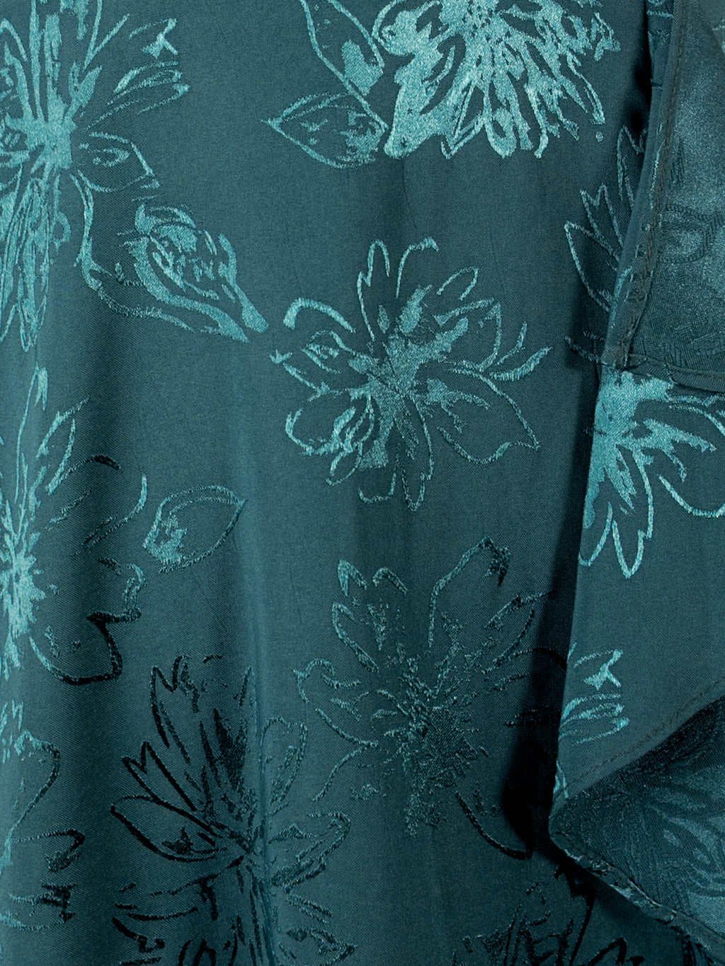 Maya Teal Floral Jacquard Faux Wrap Waterfall Ruffle Satin Maxi Dress