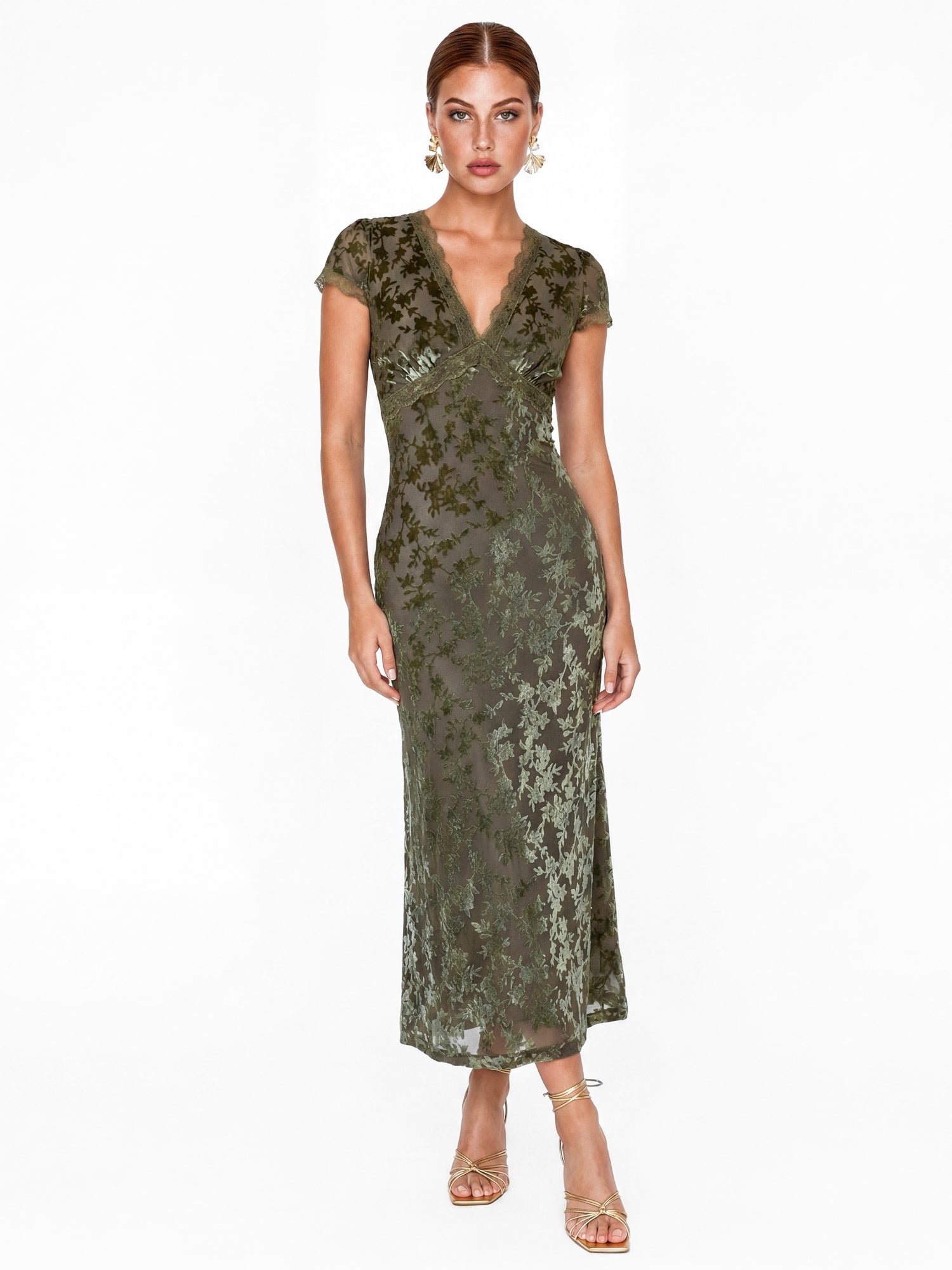 Maya Olive Floral Velvet Devore V Neck Midaxi Dress