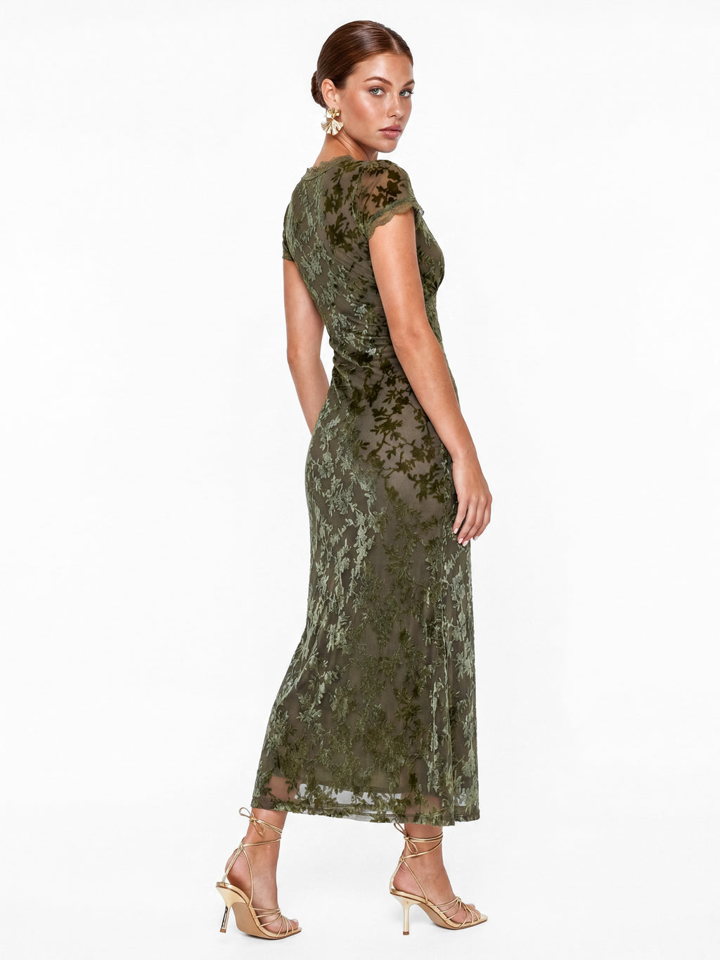 Maya Olive Floral Velvet Devore V Neck Midaxi Dress