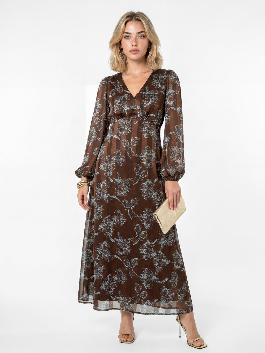 Lovedrobe Floral Print Burnout Satin Stripe Midaxi Dress