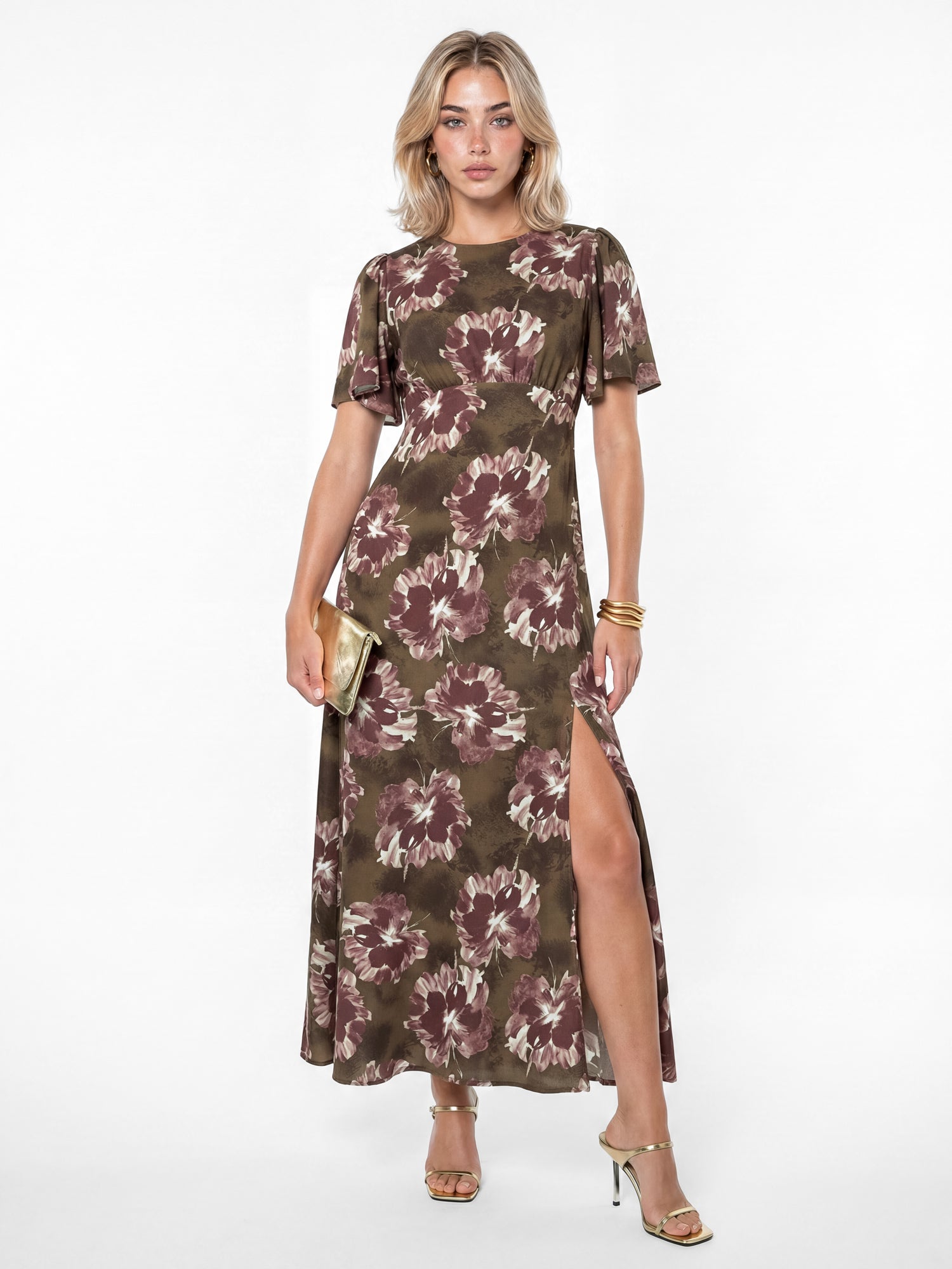 Lovedrobe Brown Floral Tie-Back Angel Sleeve  Midaxi Dress