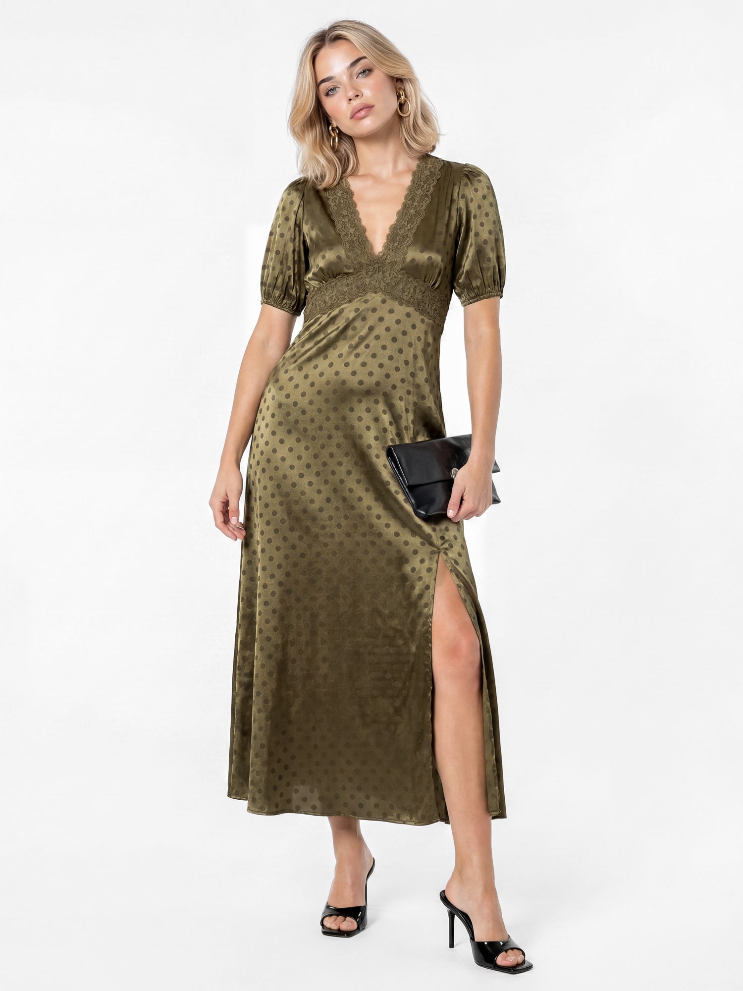 Lovedrobe Olive Polka Dot V Neck Midaxi Dress with Lace Trim