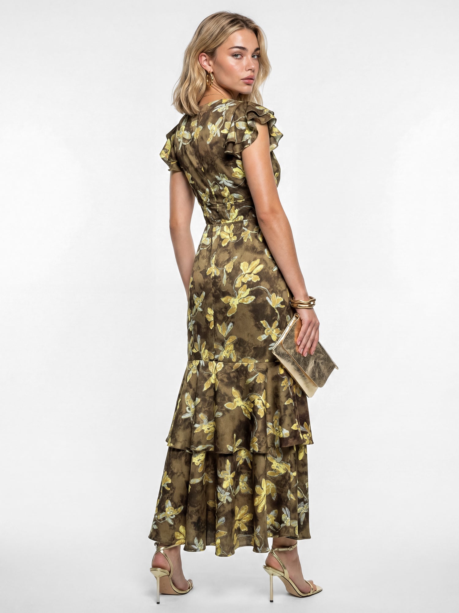 Lovedrobe Olive Floral Flutter Sleeve Tiered Midaxi Dress