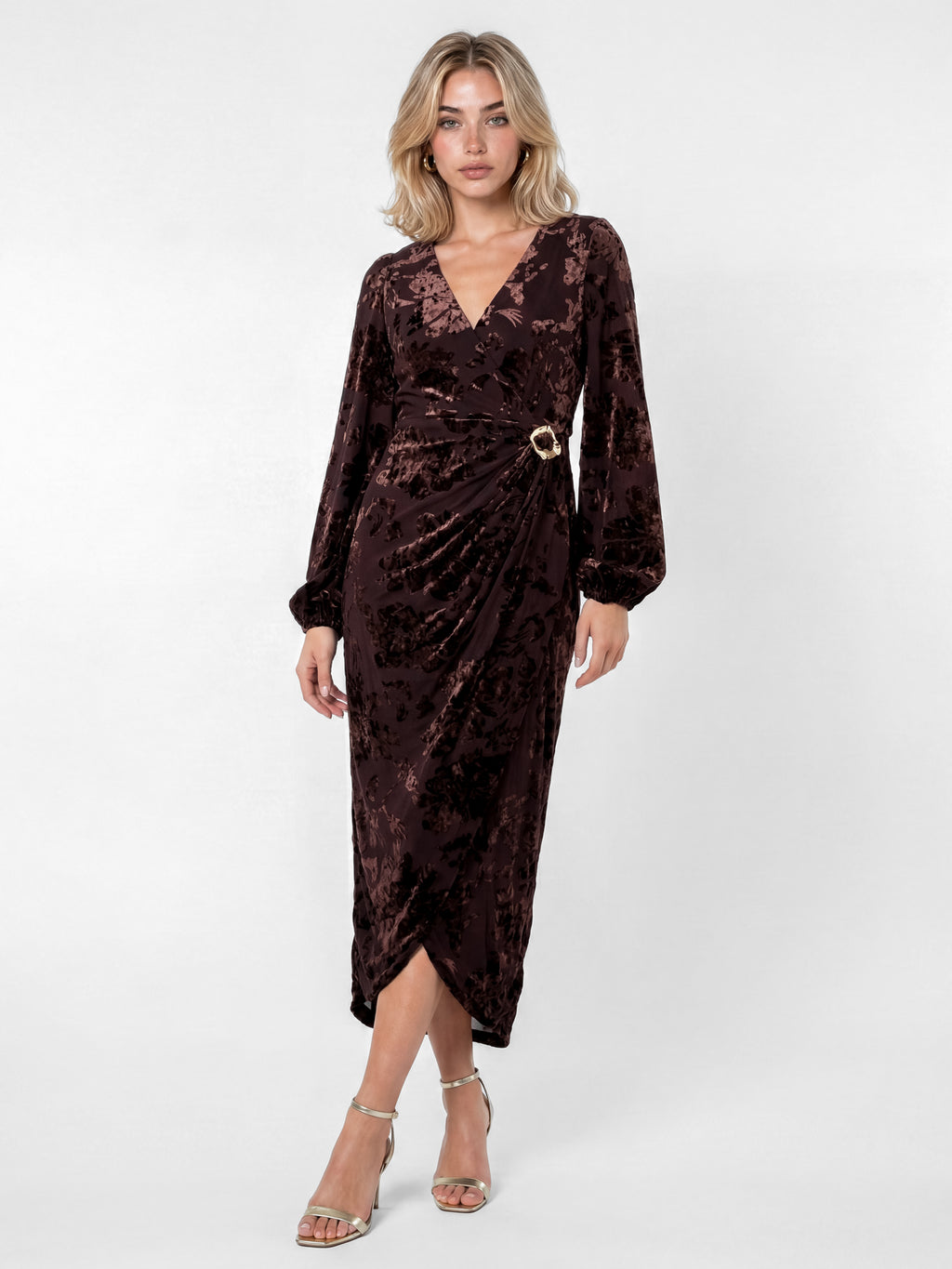 Lovedrobe Brown Floral Velvet Devore Faux Wrap Midaxi Dress