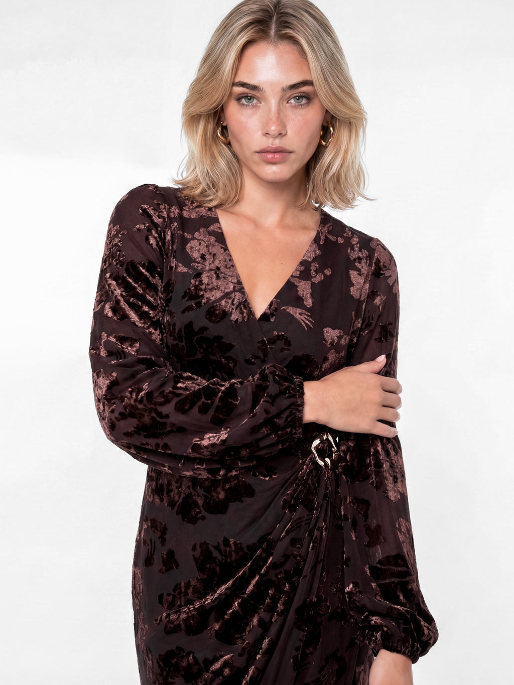 Lovedrobe Brown Floral Velvet Devore Faux Wrap Midaxi Dress