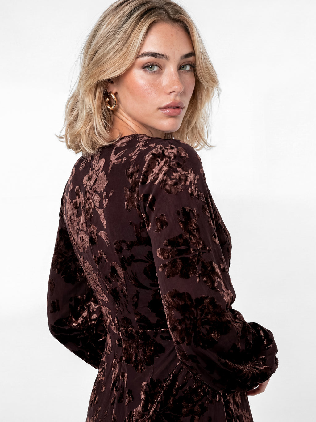Lovedrobe Brown Floral Velvet Devore Faux Wrap Midaxi Dress