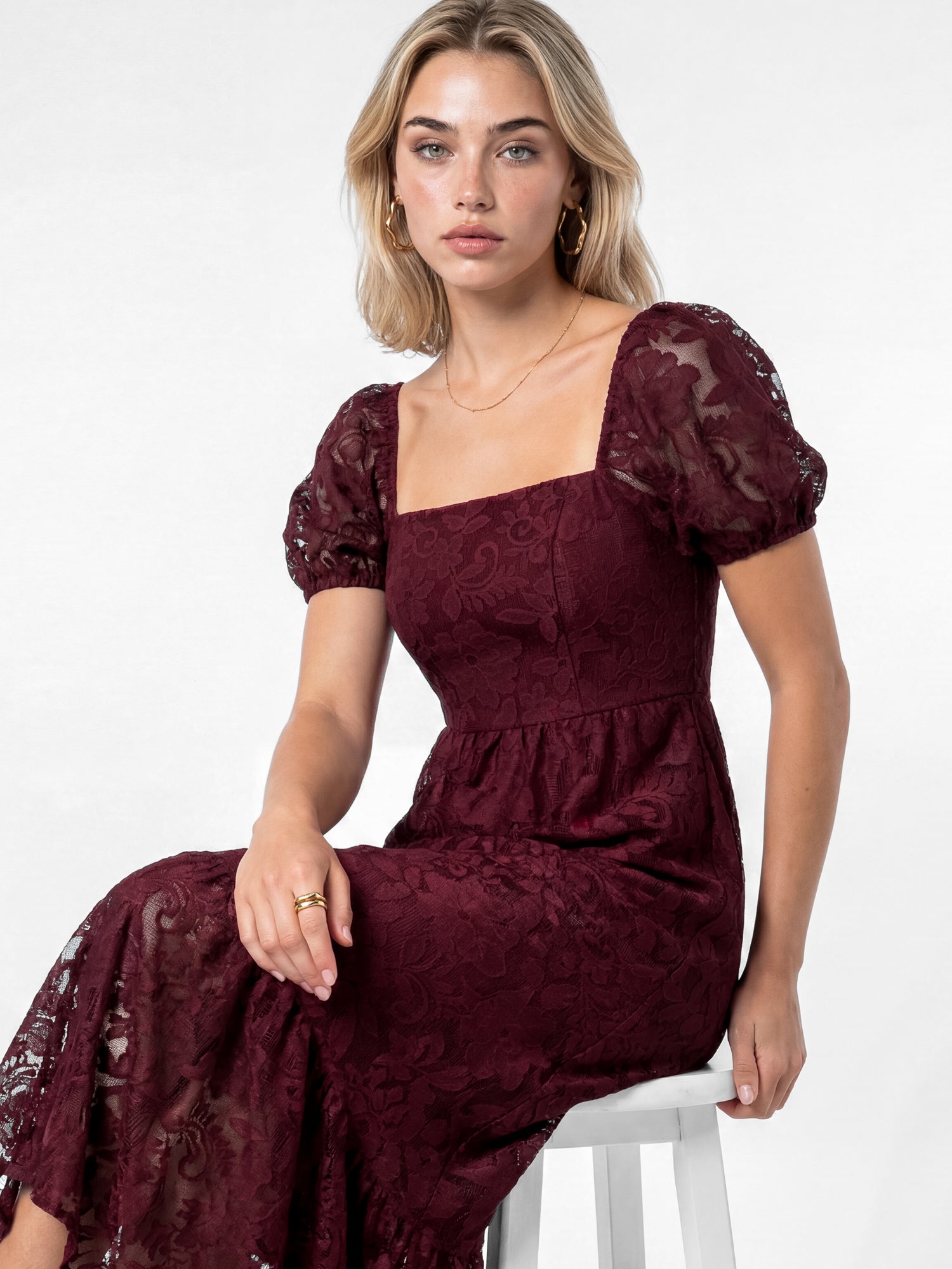 Lovedrobe Berry Floral Mesh Lace Square Neck Midaxi Dress