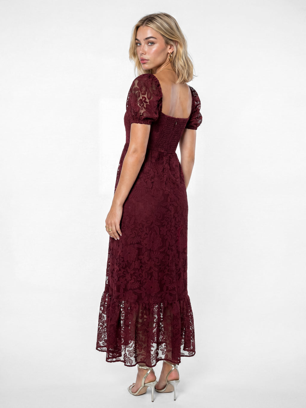 Lovedrobe Berry Floral Mesh Lace Square Neck Midaxi Dress