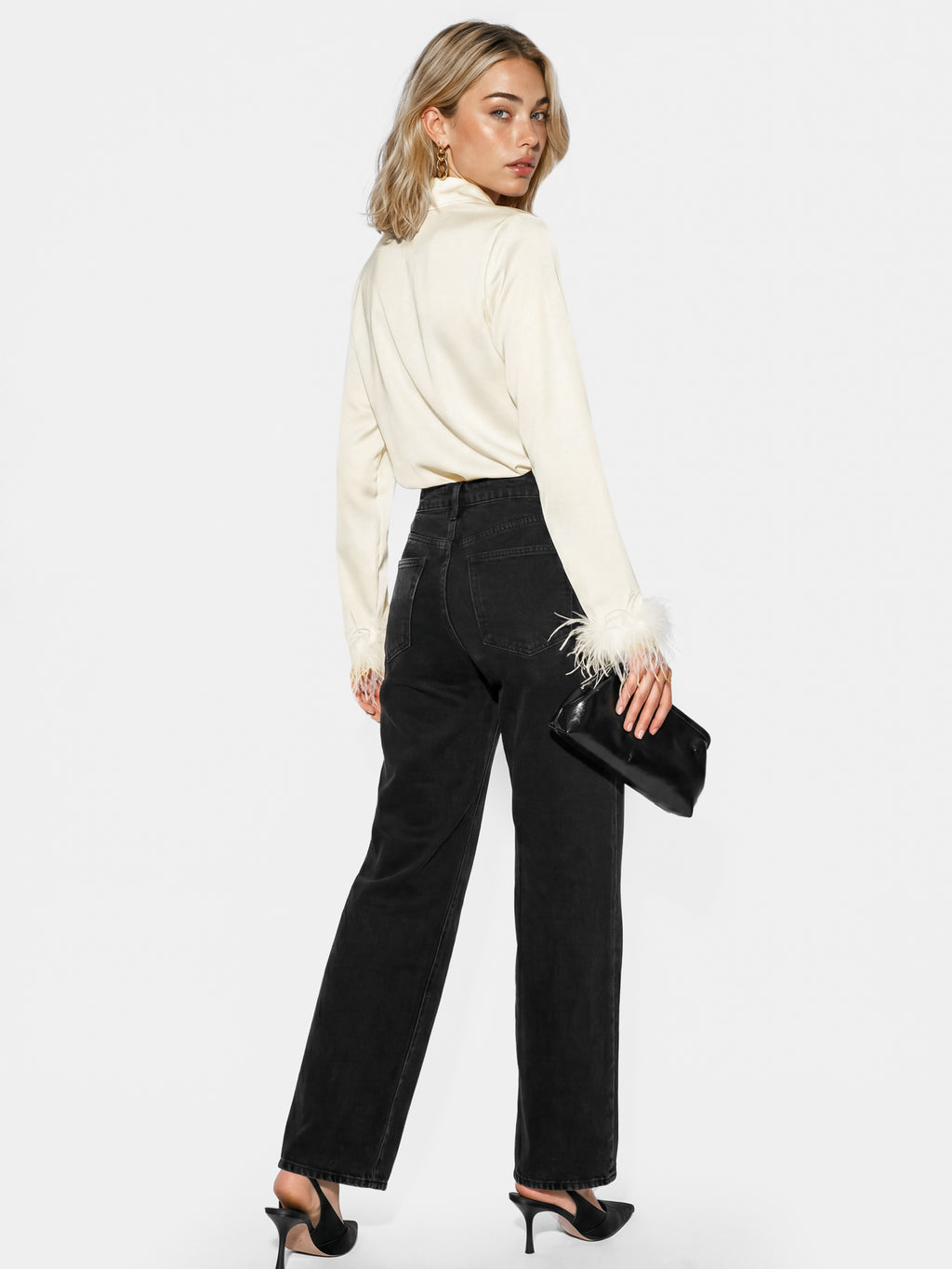 Lovedrobe Ivory Satin Shirt With Feather Cuffs