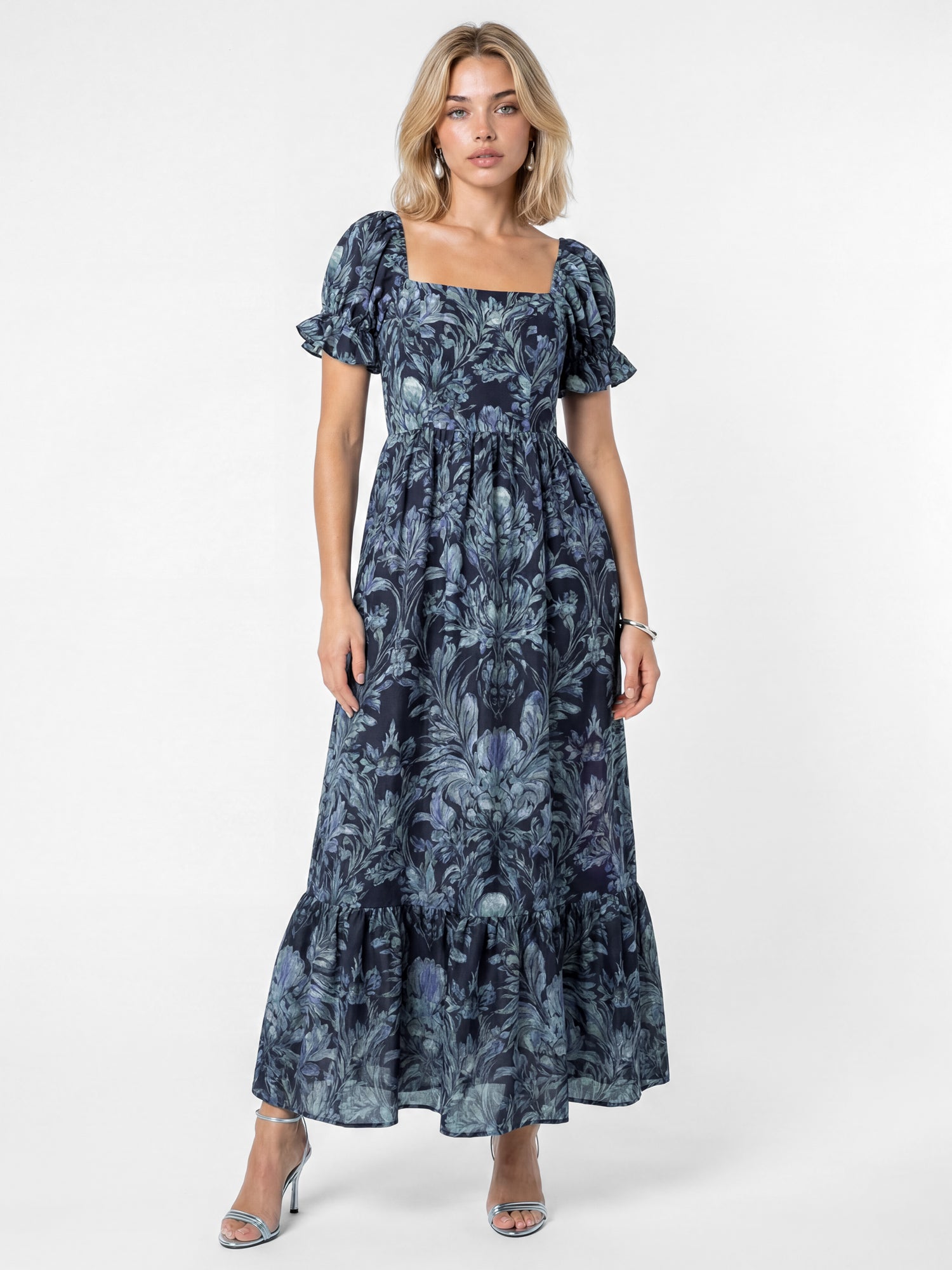 Lovedrobe Blue Floral Print Puff Sleeve Square Neck Midaxi Dress