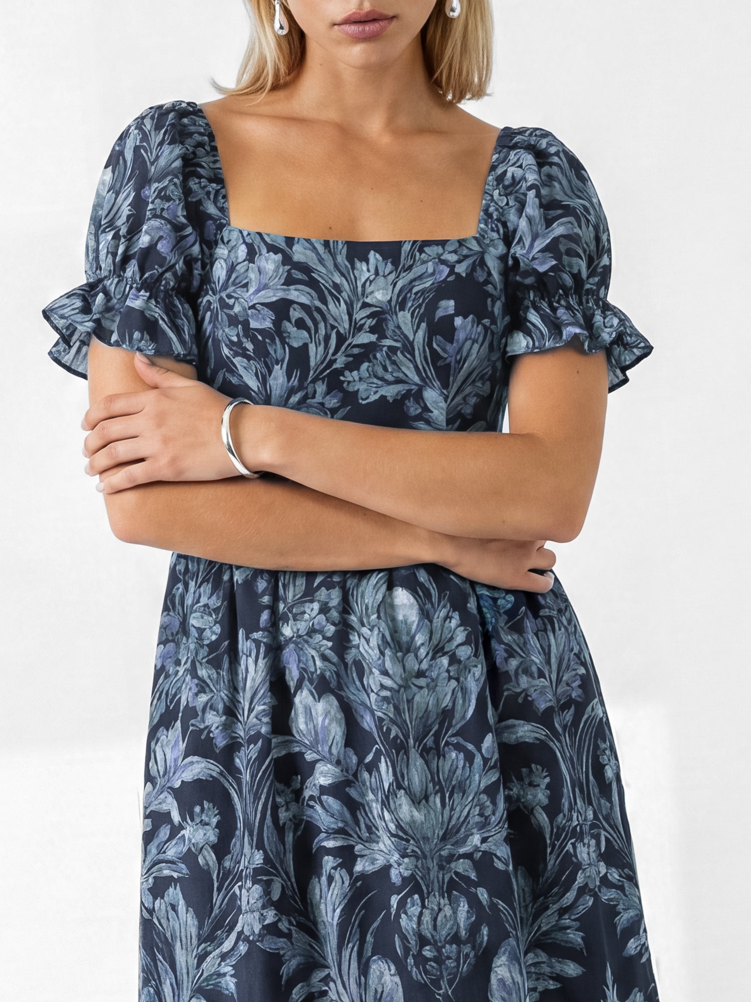 Lovedrobe Blue Floral Print Puff Sleeve Square Neck Midaxi Dress