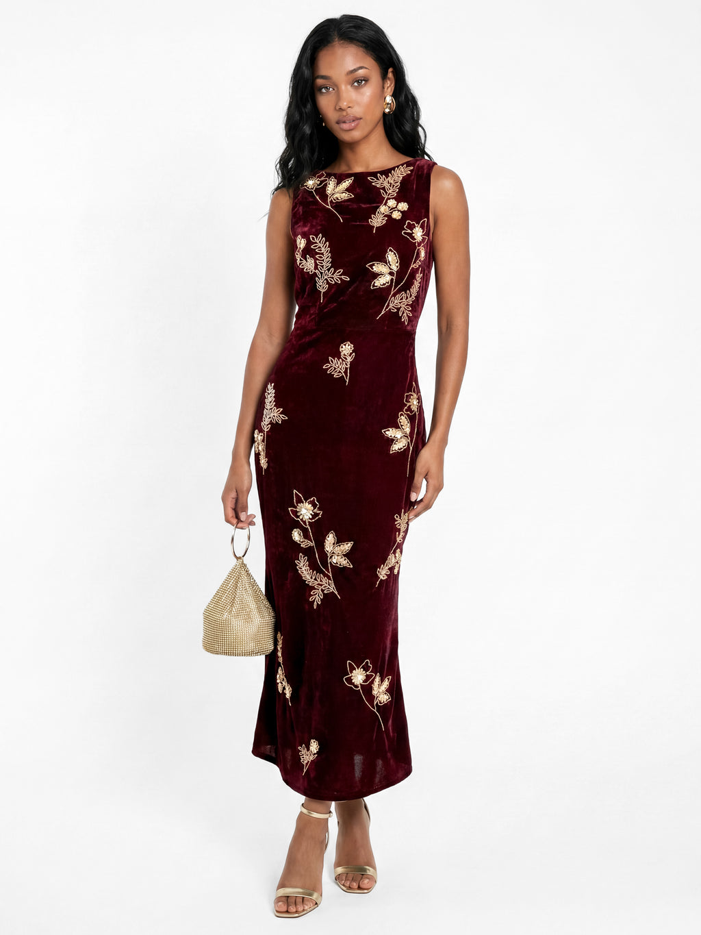 Maya Wine Floral Embellished Cowl Back Velvet Midaxi Dress