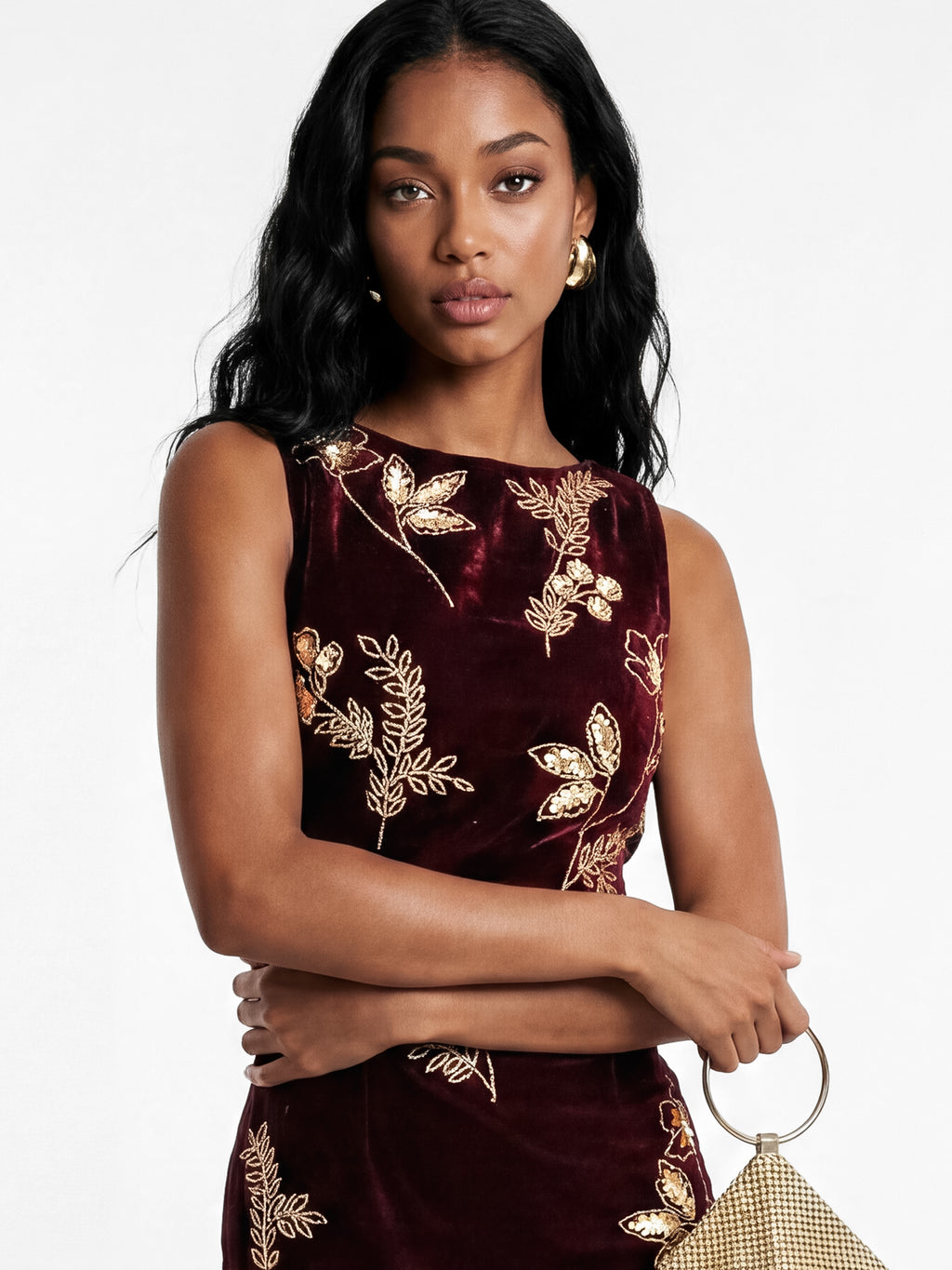 Maya Wine Floral Embellished Cowl Back Velvet Midaxi Dress