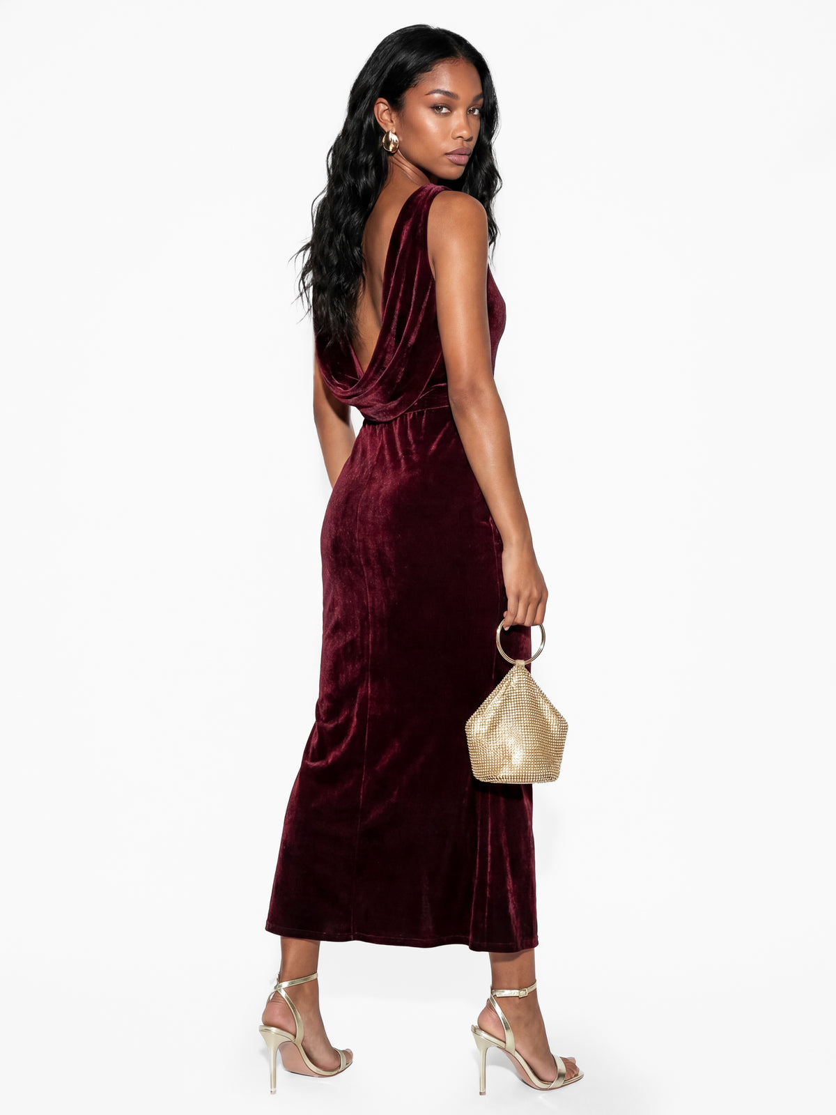 Maya Wine Floral Embellished Cowl Back Velvet Midaxi Dress