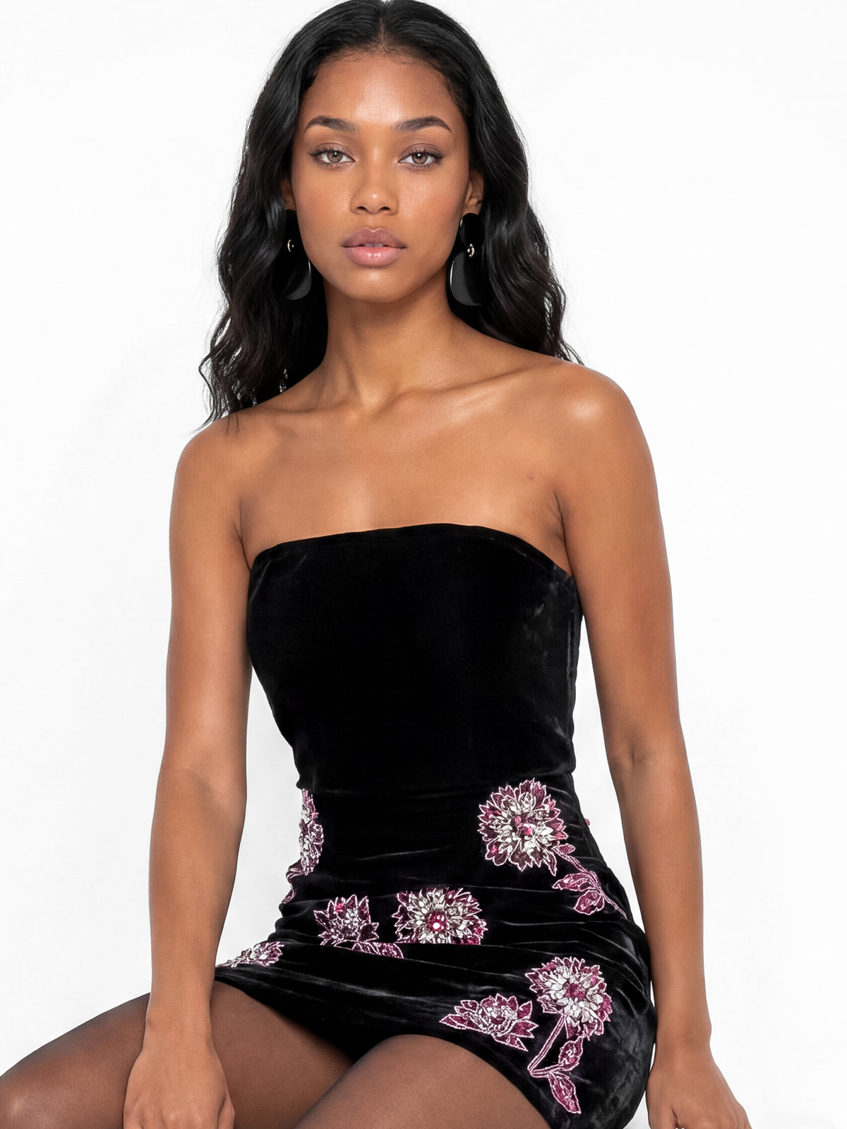 Maya Black Floral Embellished Bandeau Velvet Mini Dress