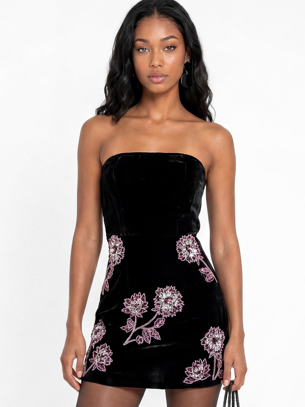 Maya Black Floral Embellished Bandeau Velvet Mini Dress