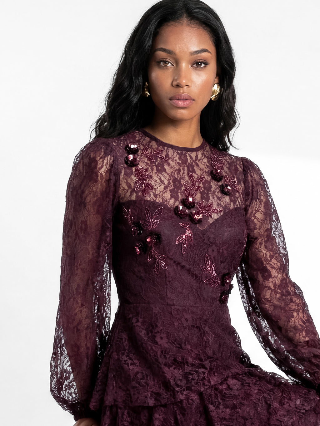 Maya Floral Embellished Blouson Sleeve Tiered Lace Maxi Dress