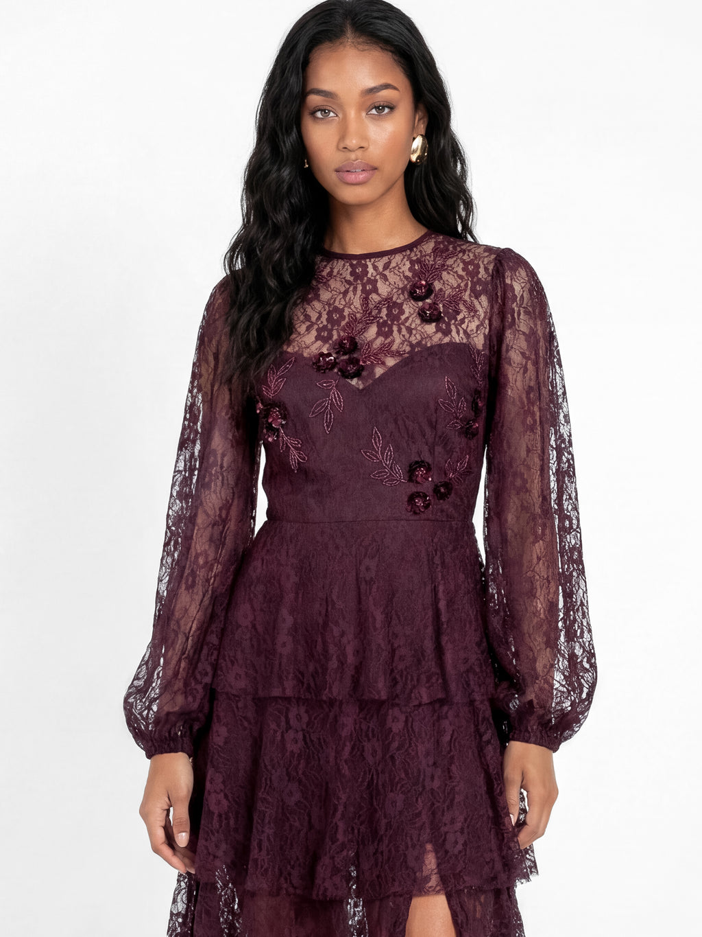 Maya Floral Embellished Blouson Sleeve Tiered Lace Maxi Dress