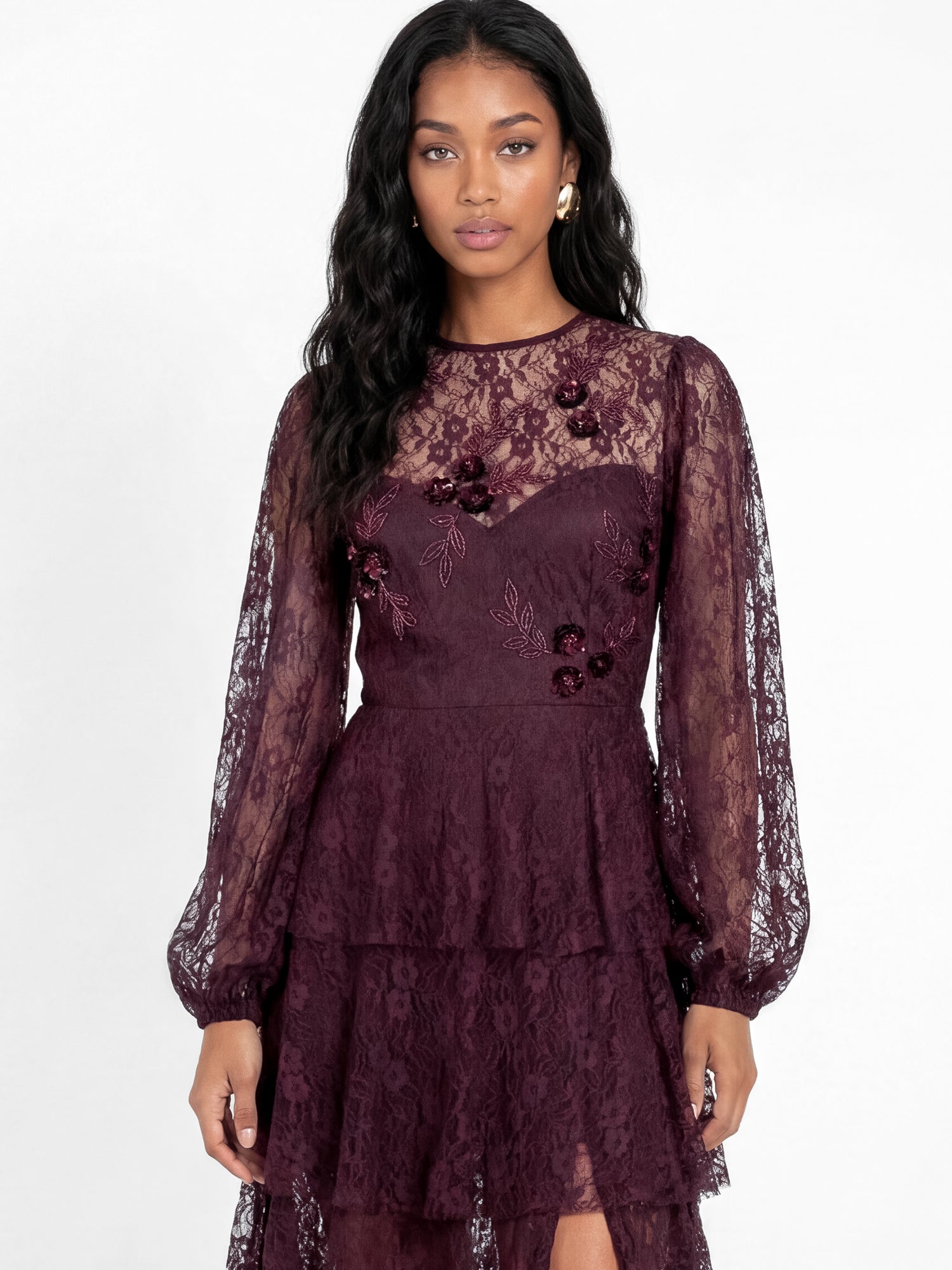 Maya Floral Embellished Blouson Sleeve Tiered Lace Maxi Dress