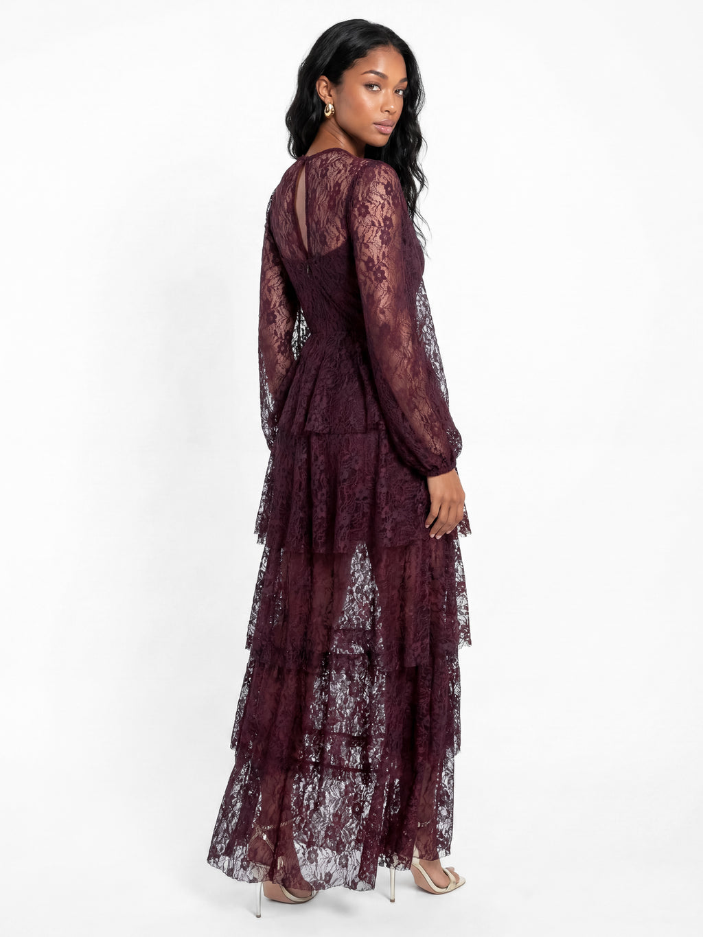 Maya Floral Embellished Blouson Sleeve Tiered Lace Maxi Dress