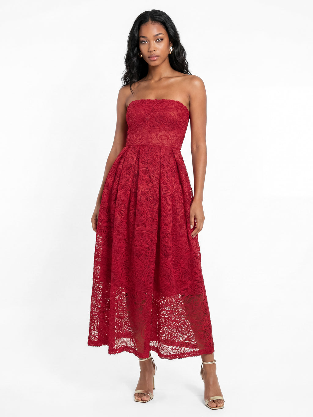 Maya Red Textured Lace Bandeau Midaxi Dress with Pockets