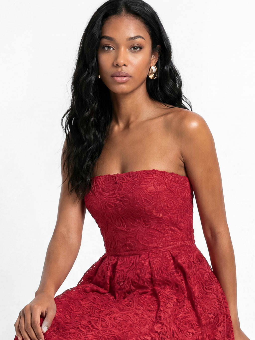 Maya Red Textured Lace Bandeau Midaxi Dress with Pockets