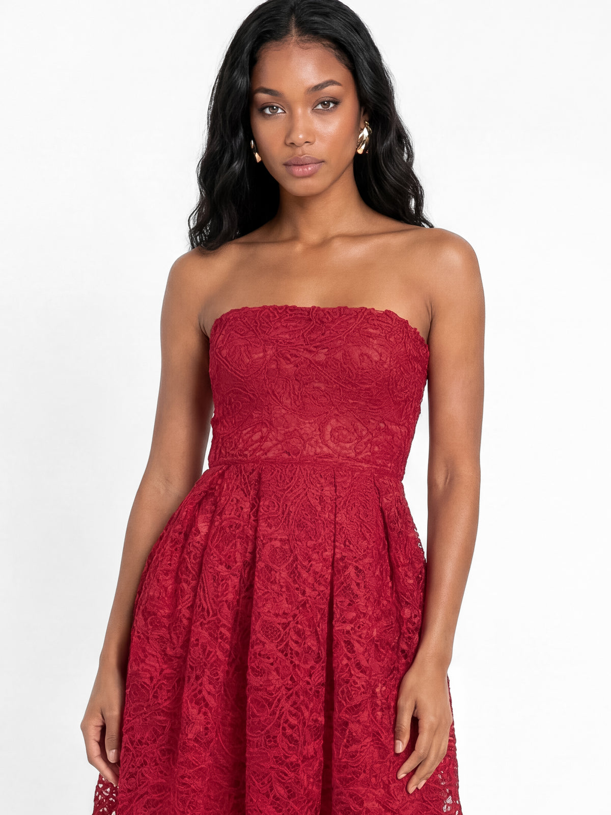 Maya Red Textured Lace Bandeau Midaxi Dress with Pockets