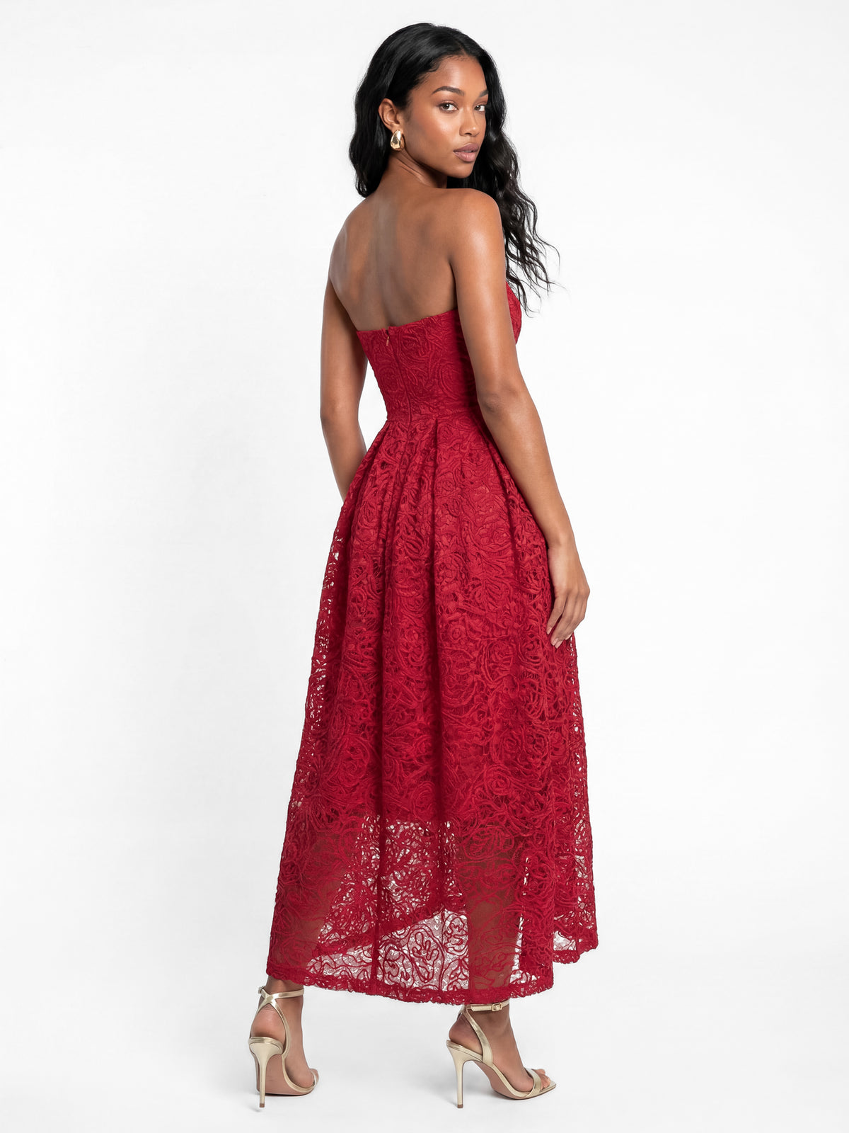 Maya Red Textured Lace Bandeau Midaxi Dress with Pockets
