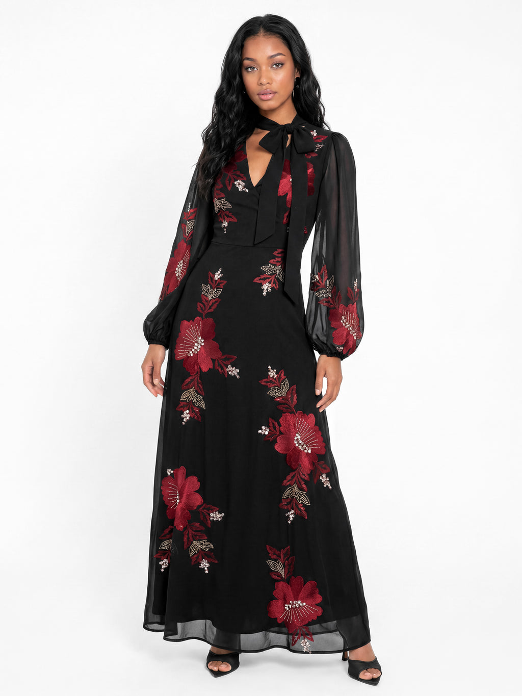 Maya Black Floral Embroidered Faux Wrap Maxi Dress with Necktie