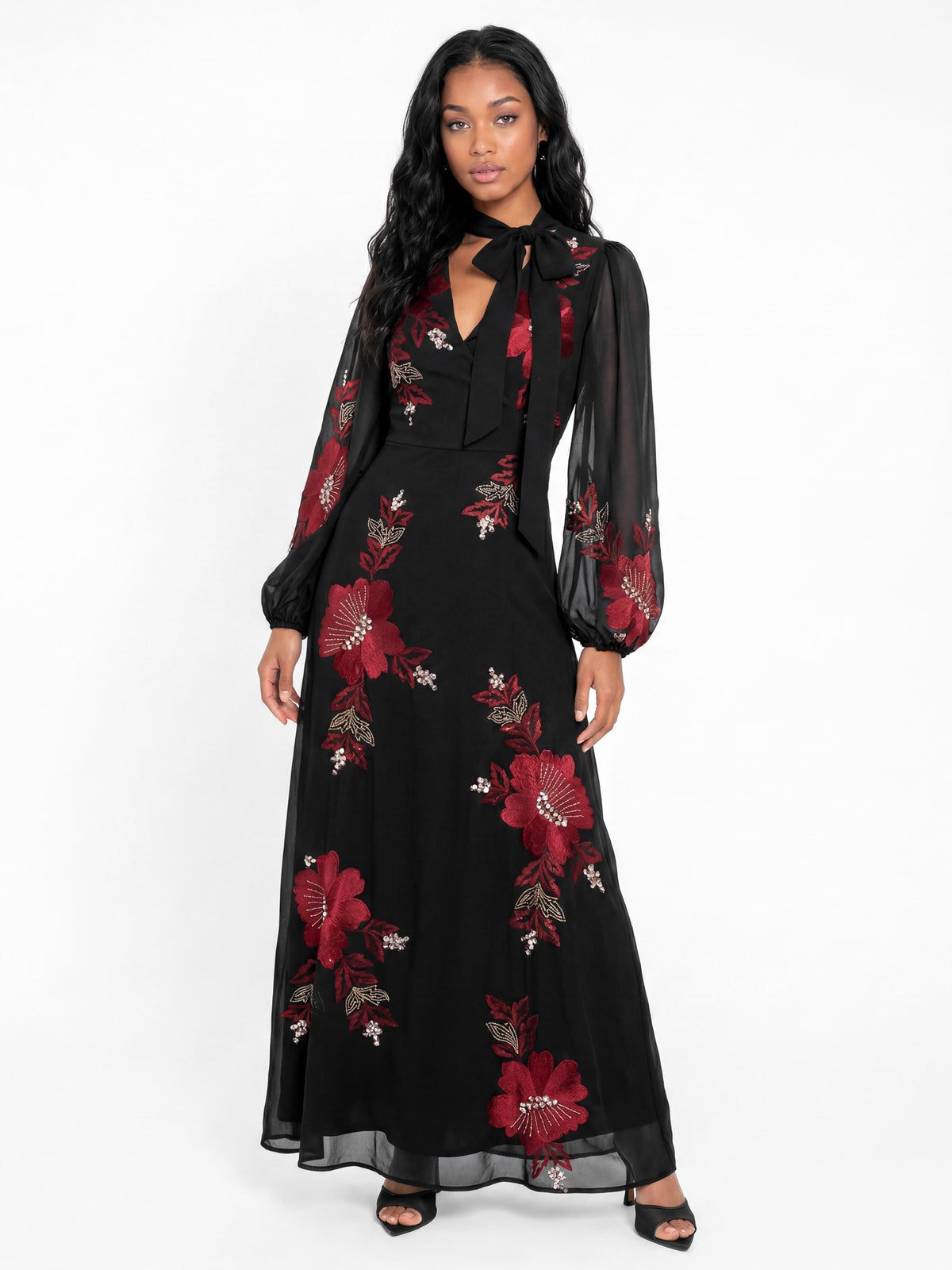 Maya Black Floral Embroidered Faux Wrap Maxi Dress with Necktie