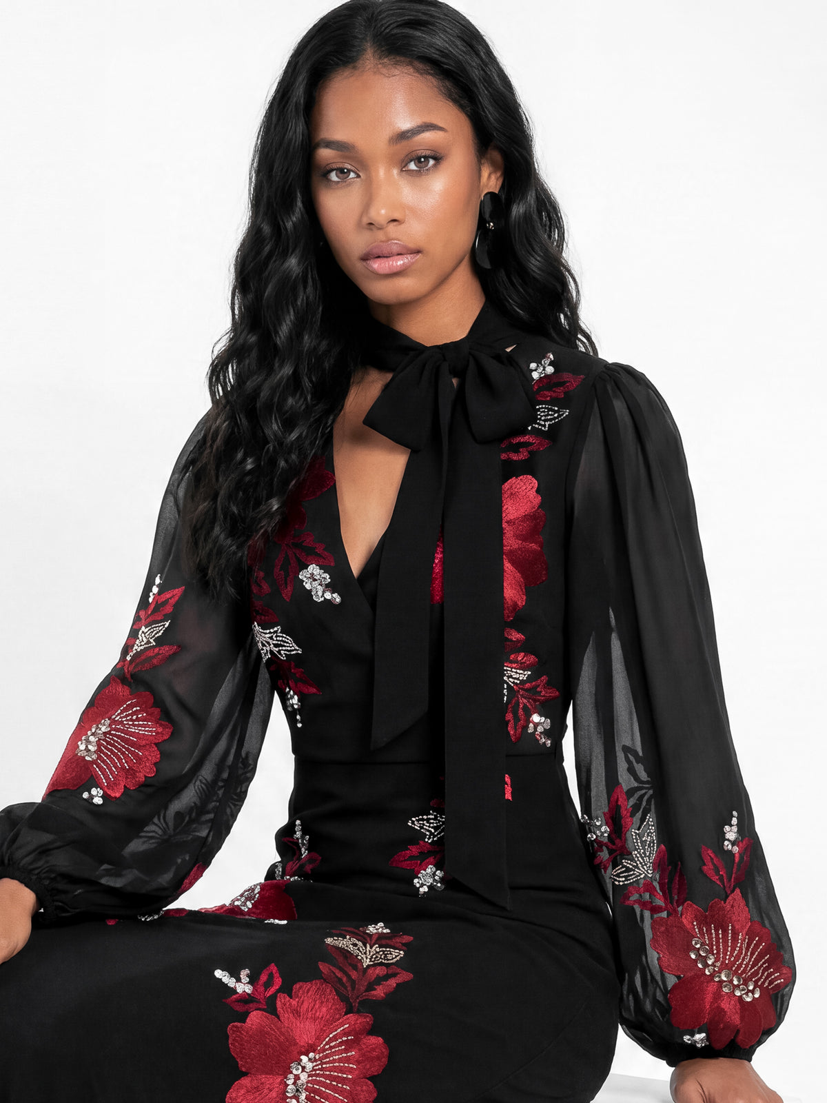 Maya Black Floral Embroidered Faux Wrap Maxi Dress with Necktie