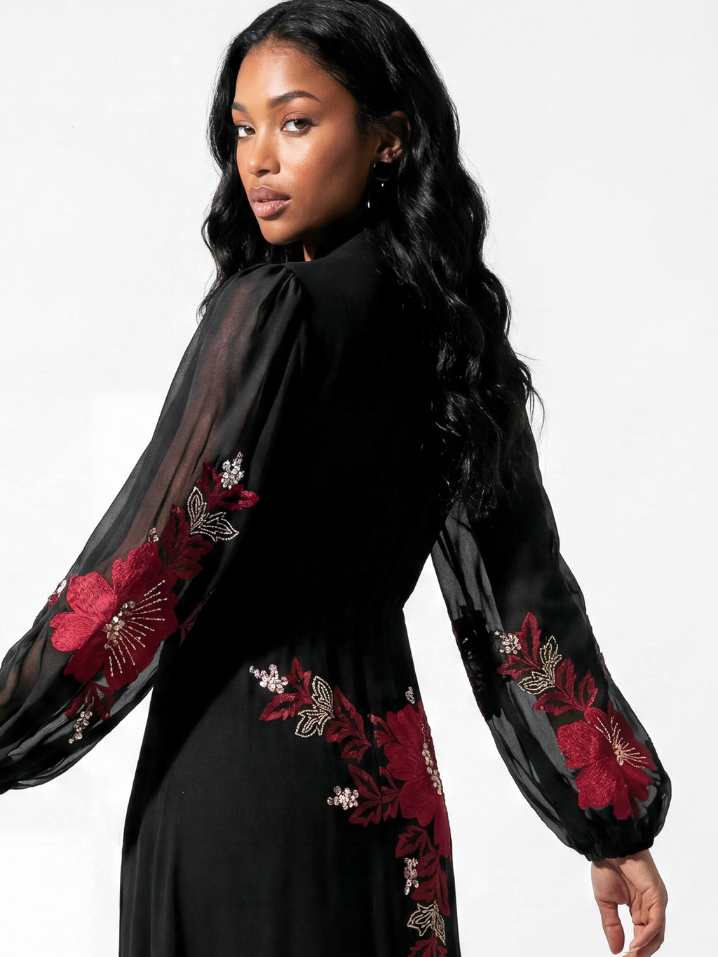 Maya Black Floral Embroidered Faux Wrap Maxi Dress with Necktie