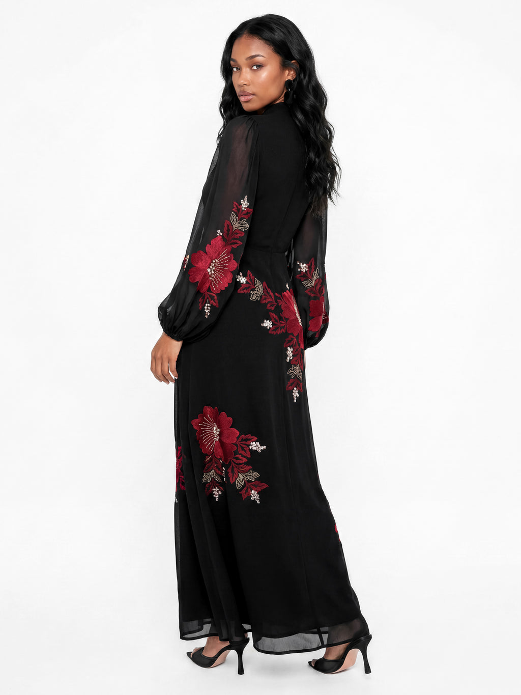 Maya Black Floral Embroidered Faux Wrap Maxi Dress with Necktie