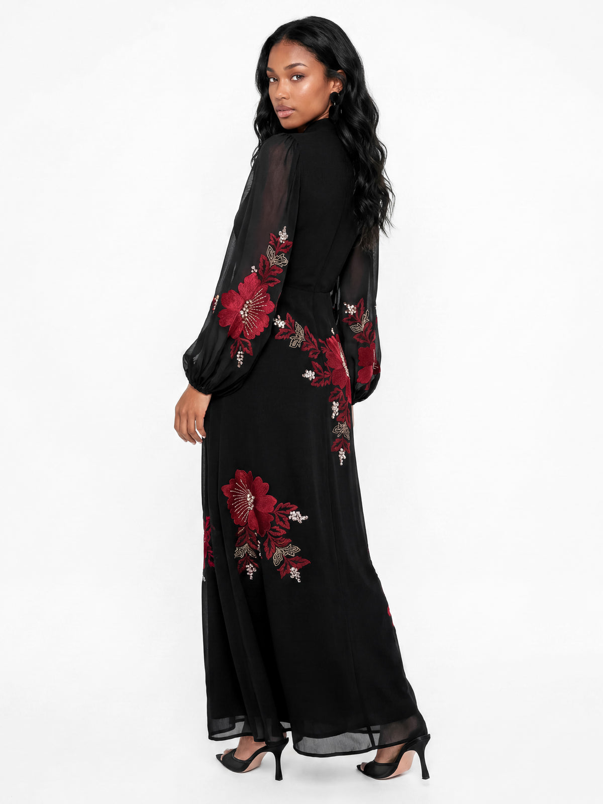 Maya Black Floral Embroidered Faux Wrap Maxi Dress with Necktie
