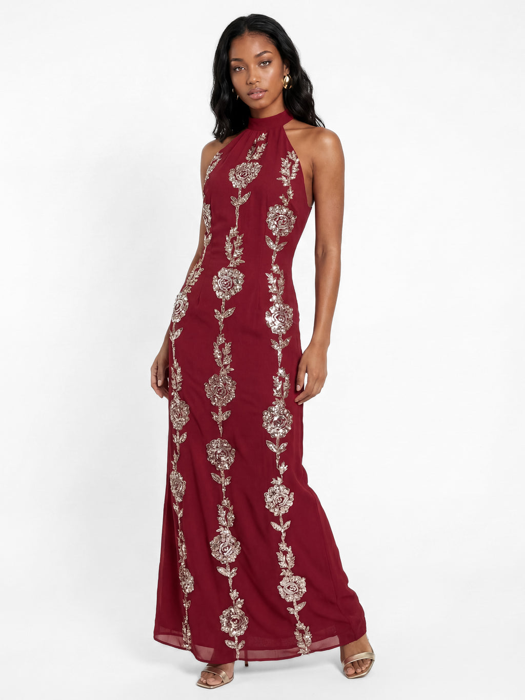 Maya Red Floral Embellishment Halter Neck Open Back Maxi Dress