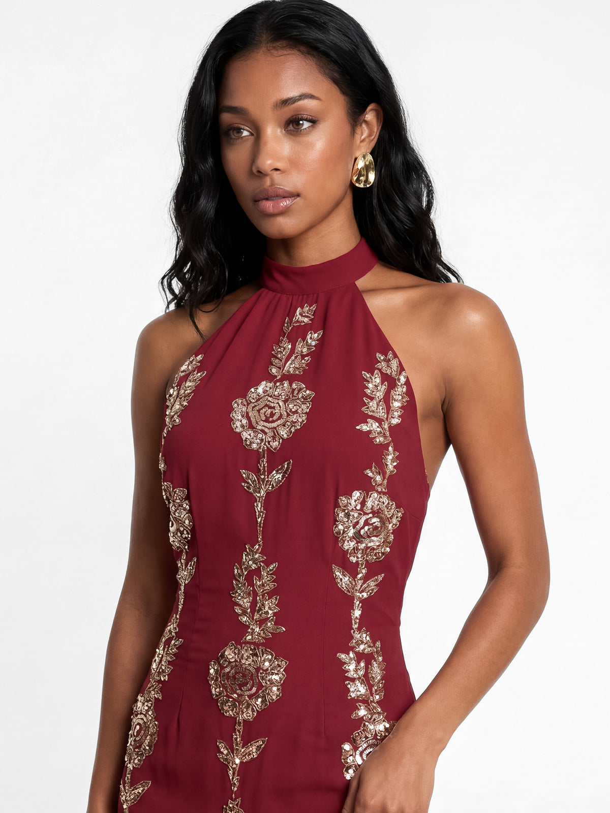 Maya Red Floral Embellishment Halter Neck Open Back Maxi Dress