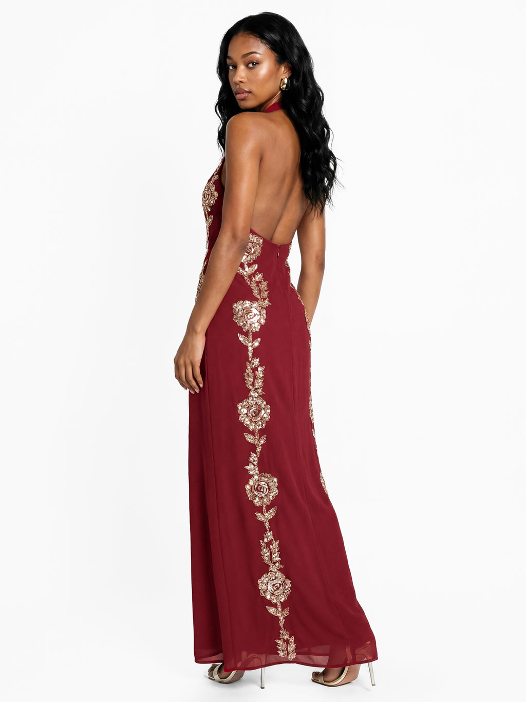 Maya Red Floral Embellishment Halter Neck Open Back Maxi Dress