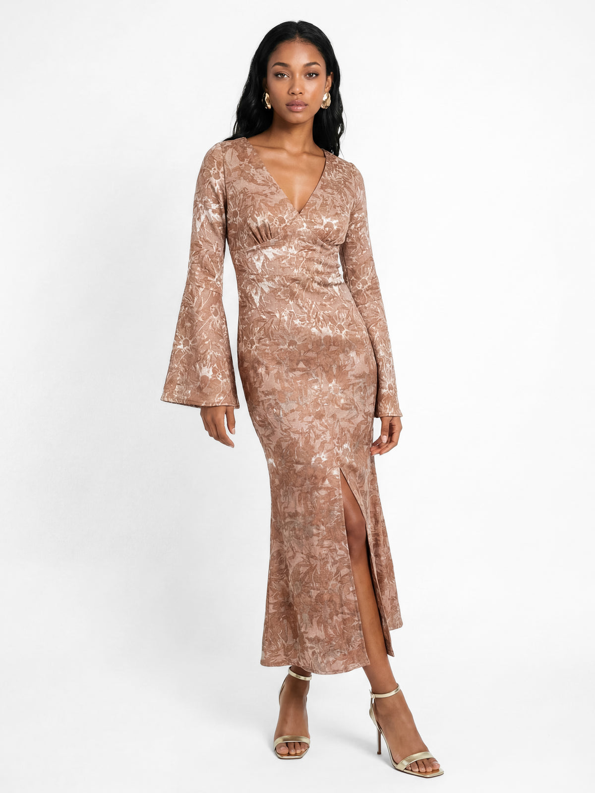 Maya Mocha Satin Burnout Bell Sleeve Midaxi Dress
