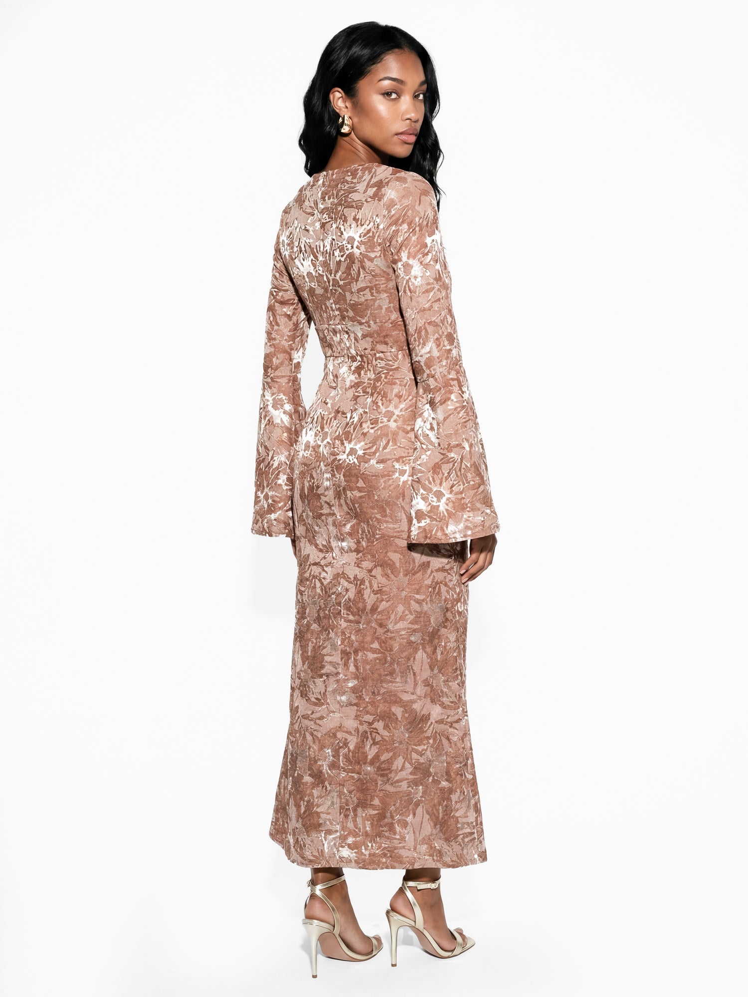 Maya Mocha Satin Burnout Bell Sleeve Midaxi Dress