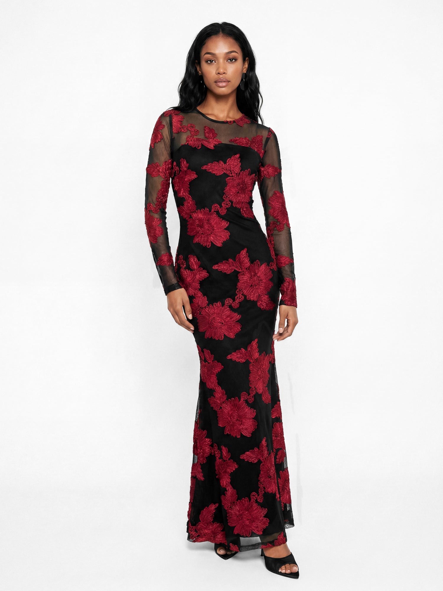 Maya Black Floral Ribbon Applique Long Sleeve Mesh Maxi Dress