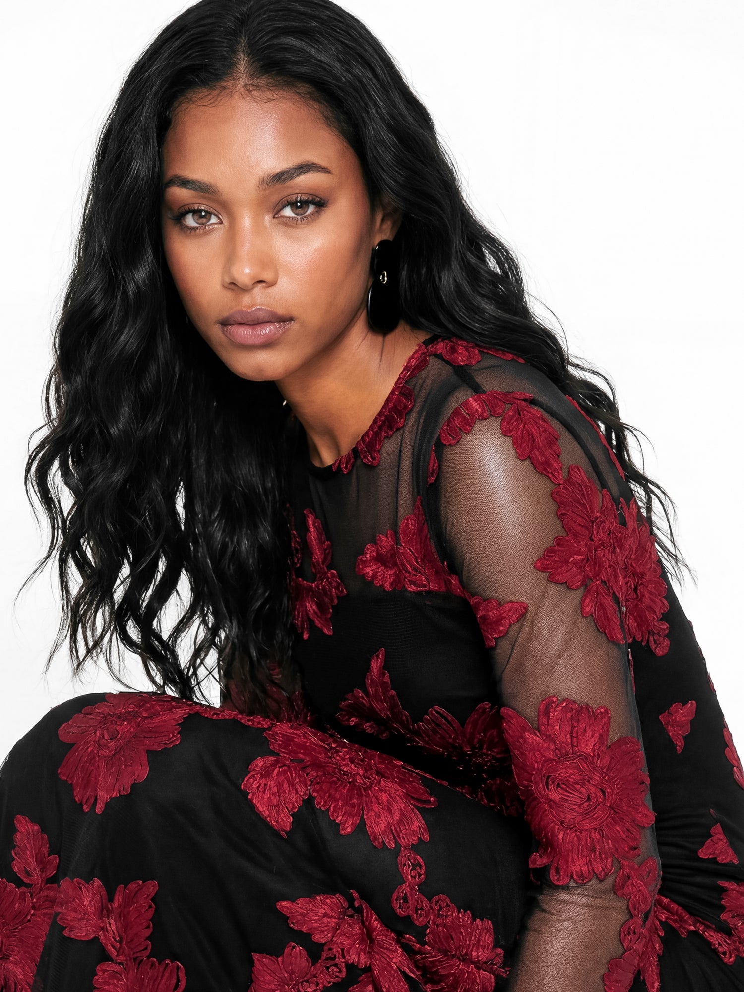 Maya Black Floral Ribbon Applique Long Sleeve Mesh Maxi Dress