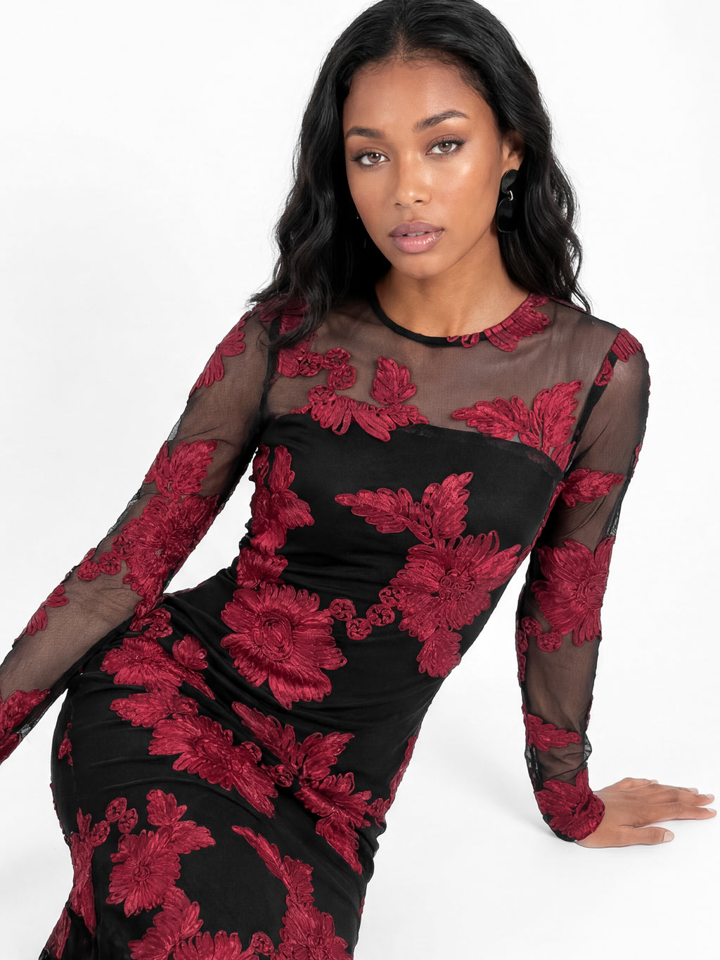 Maya Black Floral Ribbon Applique Long Sleeve Mesh Maxi Dress