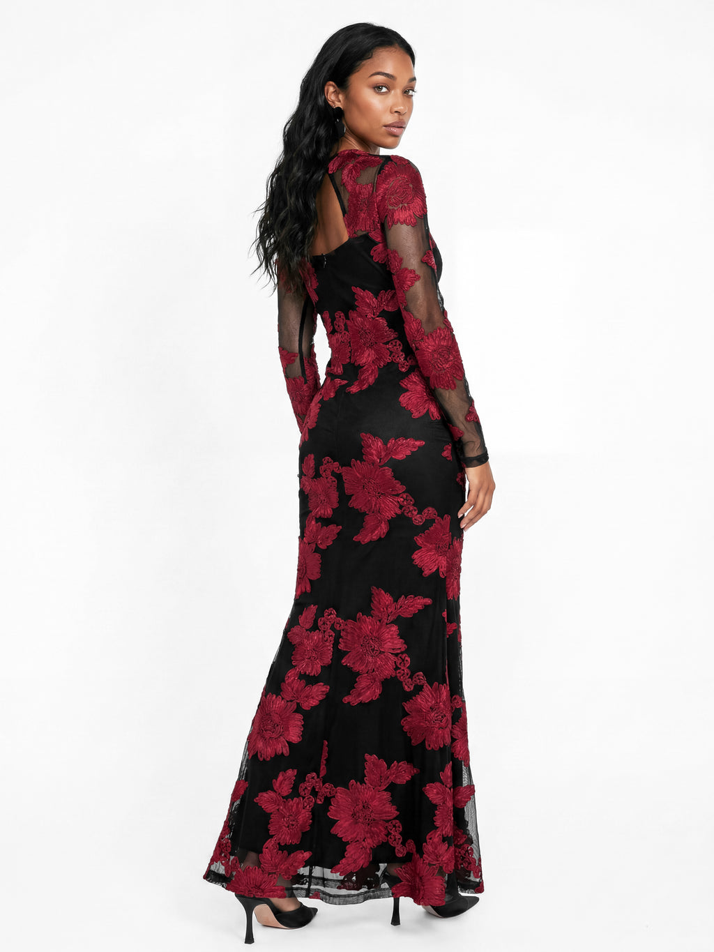 Maya Black Floral Ribbon Applique Long Sleeve Mesh Maxi Dress