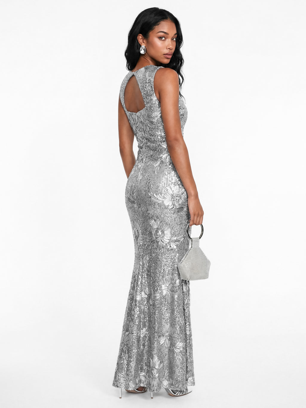 Maya Silver Floral Ribbon Applique & Sequin Sleeveless Maxi Dress